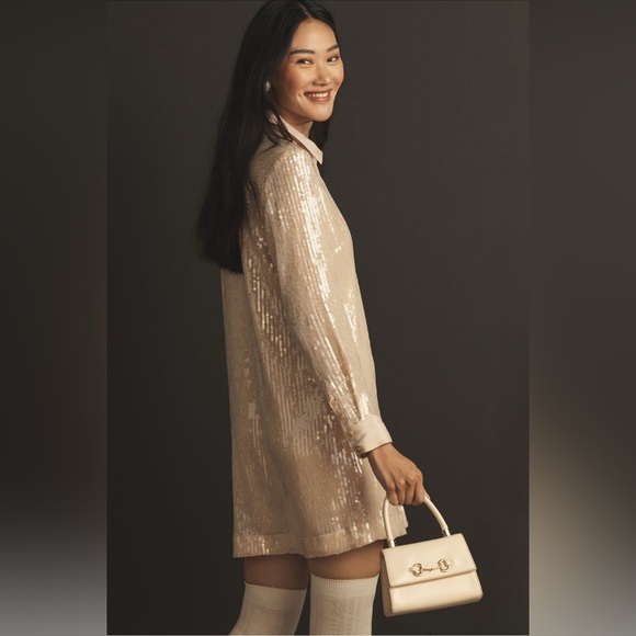 Anthropologie’s Pilcro Longsleeve Sequin Mini Shirt Dress in Ivory - New! - Picture 3 of 8